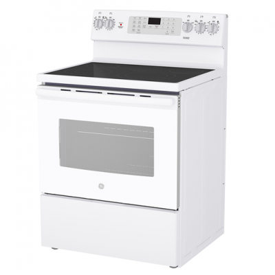 30" GE 5.0 Cu. Ft. Electric Freestanding Smooth Top Range with True European Convection in White - JCB840DVWW